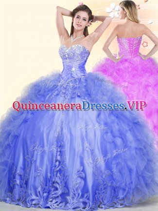 Glittering Blue Sweet 16 Dresses Military Ball and Sweet 16 and Quinceanera with Beading and Ruffles Sweetheart Sleeveless Lace Up