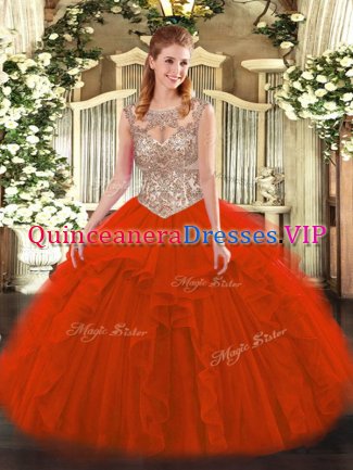 Superior Red Sleeveless Floor Length Beading and Ruffles Lace Up 15th Birthday Dress