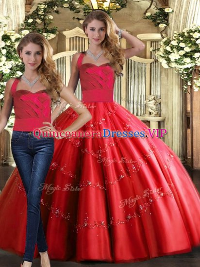 Halter Top Sleeveless Quince Ball Gowns Floor Length Appliques Red Tulle - Click Image to Close