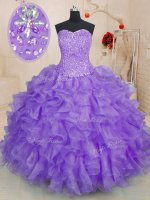 Edgy Organza Sweetheart Sleeveless Lace Up Beading and Ruffles Sweet 16 Quinceanera Dress in Lavender