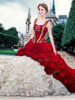 Dazzling Straps White And Red Ball Gowns Beading and Ruffles and Pick Ups Ball Gown Prom Dress Lace Up Organza and Taffeta Sleeveless With Train