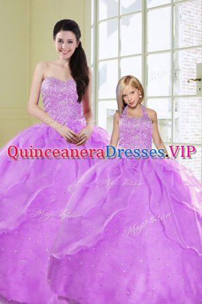 Latest Lilac Ball Gowns Organza Sweetheart Sleeveless Beading and Sequins Floor Length Lace Up Quinceanera Dress