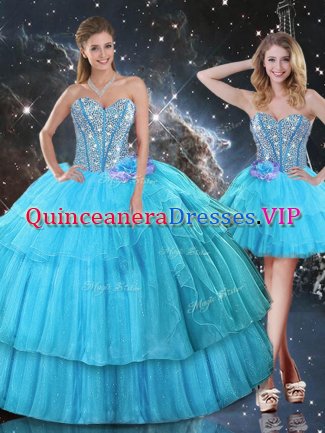 Custom Fit Aqua Blue Ball Gowns Sweetheart Sleeveless Organza Floor Length Lace Up Ruffled Layers and Sequins Quinceanera Gowns