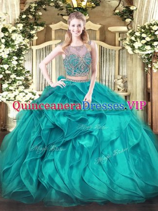 Sleeveless Floor Length Beading and Ruffles Lace Up Quinceanera Dresses with Teal