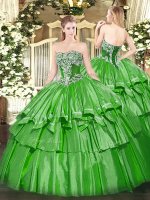 Wonderful Green Quinceanera Dresses Military Ball and Sweet 16 and Quinceanera with Beading and Ruffled Layers Strapless Sleeveless Lace Up