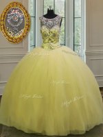 Scoop Floor Length Backless Ball Gown Prom Dress Light Yellow for Military Ball and Sweet 16 and Quinceanera with Beading and Appliques