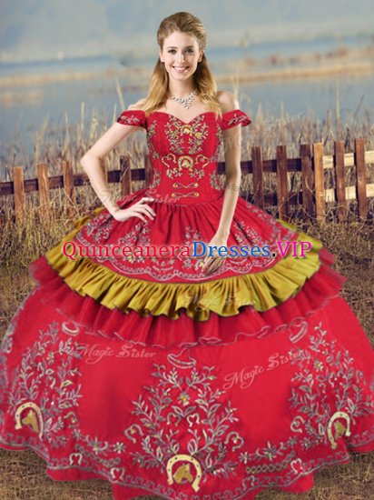 Fashionable Off The Shoulder Sleeveless Sweet 16 Dress Floor Length Embroidery Red Satin and Organza - Click Image to Close