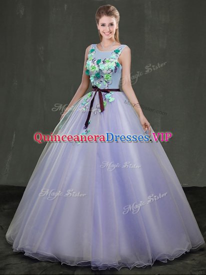 Trendy Scoop Floor Length Lace Up 15th Birthday Dress Lavender for Military Ball and Sweet 16 and Quinceanera with Appliques - Click Image to Close