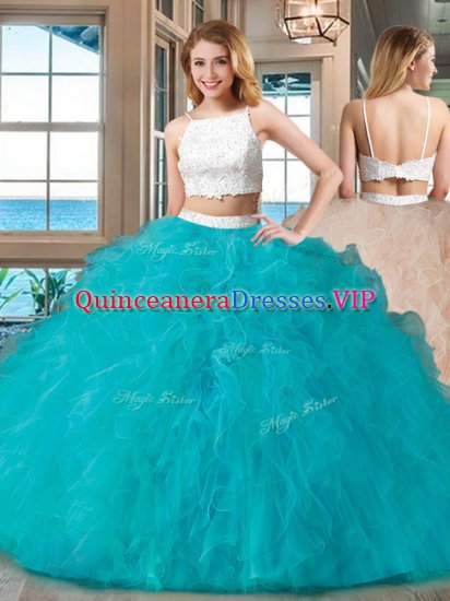 Noble Blue Tulle Backless Straps Sleeveless Floor Length Sweet 16 Dress Beading - Click Image to Close