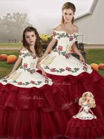 Beauteous Wine Red Ball Gowns Off The Shoulder Sleeveless Tulle Brush Train Lace Up Embroidery and Ruffled Layers Quinceanera Gown