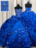 Customized Sequins Pick Ups Sweetheart Sleeveless Lace Up Quinceanera Gown Royal Blue Taffeta