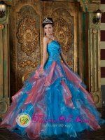 Remarkable Sky Blue and Watermelon Red Lace Up Beading and Ruffles Decorate Bodice For Kenton-on-Sea South Africa Quinceanera Dress Strapless Organza Ball Gown