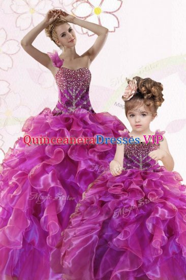 Vintage Fuchsia Quinceanera Dress Military Ball and Sweet 16 and Quinceanera with Beading and Ruffles Sweetheart Sleeveless Lace Up - Click Image to Close