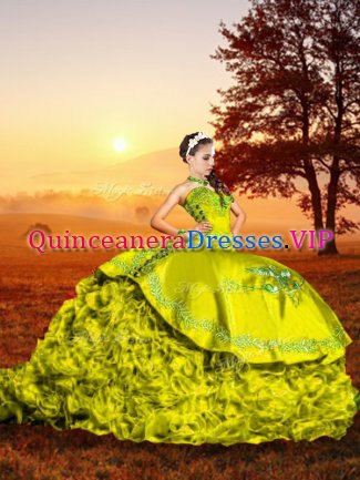 Trendy Organza Sweetheart Sleeveless Brush Train Lace Up Embroidery and Ruffles Sweet 16 Dress in Yellow Green