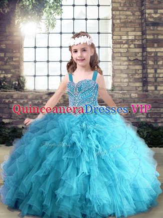 Straps Sleeveless Lace Up Kids Formal Wear Aqua Blue Tulle