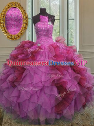 Popular Floor Length Multi-color Vestidos de Quinceanera Organza Sleeveless Ruffles and Sequins