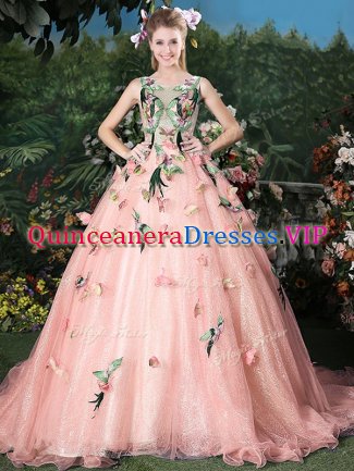 Exquisite Organza Scoop Sleeveless Brush Train Lace Up Appliques Vestidos de Quinceanera in Baby Pink