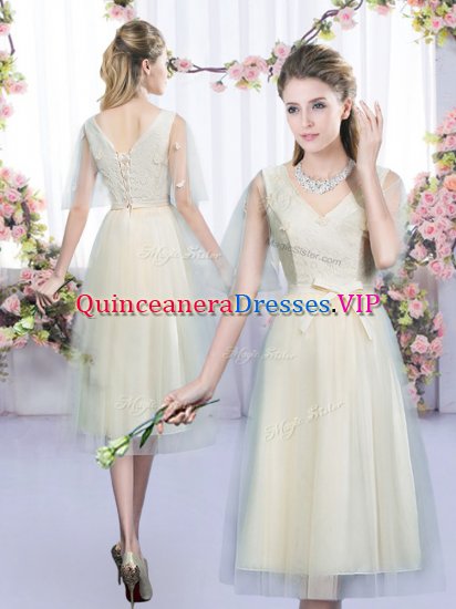 Eye-catching Tulle V-neck Sleeveless Lace Up Lace and Bowknot Dama Dress for Quinceanera in Champagne - Click Image to Close