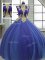 Stylish High-neck Sleeveless Sweet 16 Dress Floor Length Appliques Royal Blue Tulle