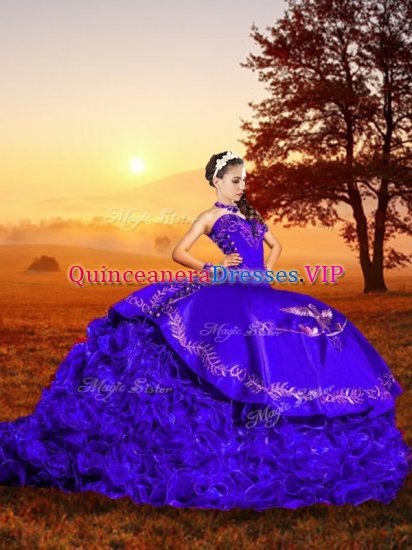 Purple Organza Lace Up Sweetheart Sleeveless Quinceanera Gowns Brush Train Embroidery and Ruffles - Click Image to Close