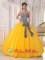 Pretty Golden Yellow and Printing Quinceanera Dress For Adelaide SA Strapless Bowknot Decorate Tulle Ball Gown