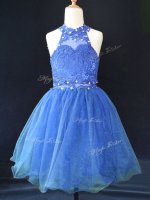 New Arrival Blue Lace Up Halter Top Beading and Lace Little Girls Pageant Gowns Organza Sleeveless