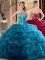 Free and Easy Teal Sleeveless Floor Length Embroidery and Ruffles Lace Up Vestidos de Quinceanera