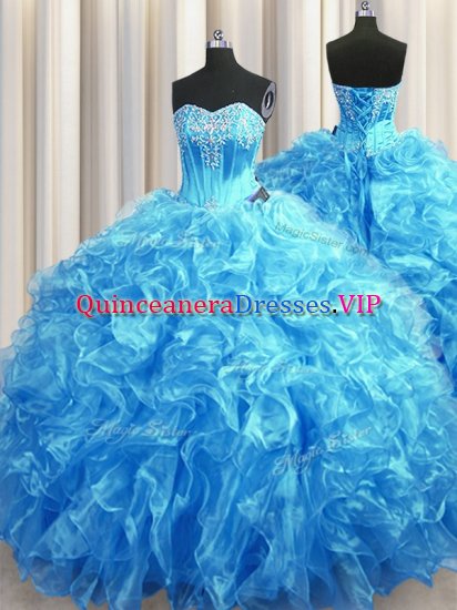 Best Selling Sweetheart Sleeveless Quince Ball Gowns Sweep Train Beading and Ruffles Baby Blue Organza - Click Image to Close