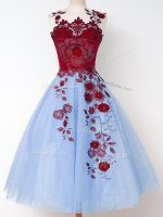 Flare Blue Tulle Lace Up Damas Dress Sleeveless Knee Length Appliques