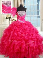 Decent Hot Pink Ball Gowns Strapless Sleeveless Organza Floor Length Lace Up Sequins Quinceanera Gowns