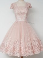 Peach Cap Sleeves Tulle Zipper Quinceanera Court Dresses for Prom and Party and Wedding Party