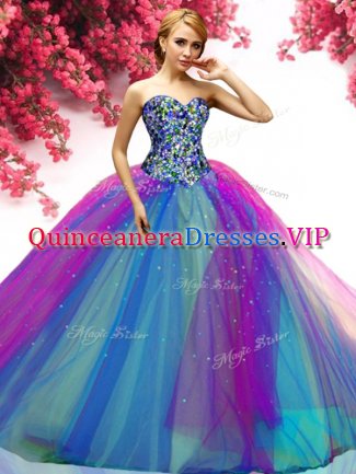 Luxury Sweetheart Sleeveless 15th Birthday Dress Floor Length Beading Multi-color Tulle