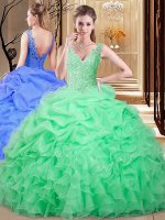 Unique Pick Ups Ball Gowns Sweet 16 Dress Apple Green V-neck Organza Sleeveless Floor Length Backless