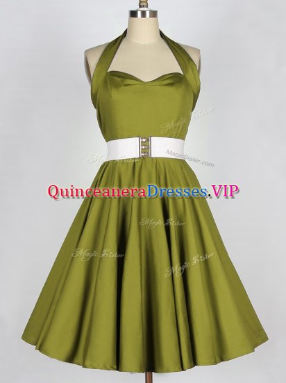 Amazing Olive Green Taffeta Lace Up Halter Top Sleeveless Knee Length Quinceanera Court Dresses Belt - Click Image to Close