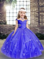 Blue Ball Gowns Beading and Hand Made Flower Little Girl Pageant Gowns Lace Up Tulle Sleeveless Floor Length(SKU PAG1276-2BIZ)