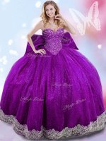 Eggplant Purple Sweetheart Neckline Beading and Lace and Bowknot Sweet 16 Dress Sleeveless Lace Up