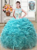 Latest Scoop Beading and Ruffles Sweet 16 Dress Aqua Blue Lace Up Sleeveless Floor Length