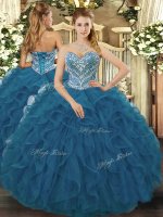 Stunning Teal Sleeveless Floor Length Beading and Ruffled Layers Lace Up Sweet 16 Quinceanera Dress