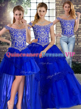 Royal Blue Quinceanera Dresses Tulle Brush Train Sleeveless Beading and Lace