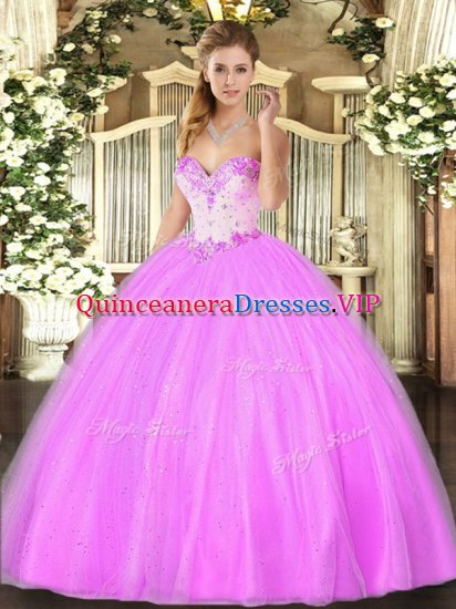 Glittering Lilac Ball Gowns Tulle Sweetheart Sleeveless Beading Floor Length Lace Up Quinceanera Dress - Click Image to Close