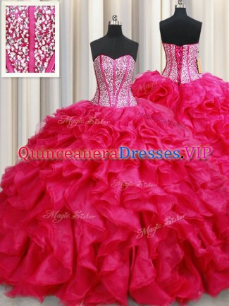 Exquisite Coral Red Sleeveless Organza Brush Train Lace Up Quinceanera Dresses for Military Ball and Sweet 16 and Quinceanera