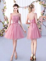 Pink Quinceanera Court of Honor Dress Wedding Party with Appliques and Belt Scoop Sleeveless Lace Up