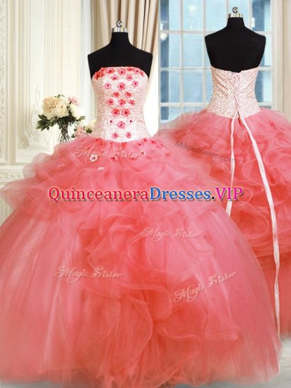 Beautiful Sleeveless Tulle Floor Length Lace Up Quinceanera Gowns in Watermelon Red with Pick Ups and Hand Made Flower - Click Image to Close