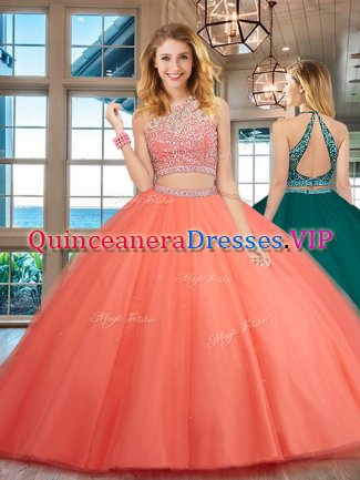 Admirable Watermelon Red Two Pieces Tulle Scoop Sleeveless Beading Floor Length Backless Sweet 16 Quinceanera Dress