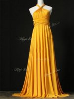 Luxury Sleeveless Chiffon Sweep Train Criss Cross Vestidos de Damas in Orange with Ruching