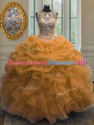 Scoop Floor Length Lace Up Quinceanera Gown Orange for Military Ball and Sweet 16 and Quinceanera with Beading and Ruffles and Pick Ups