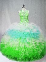 Modest Sleeveless Floor Length Beading and Ruffles Zipper Quinceanera Gowns with Multi-color