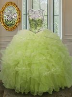 Custom Made Scoop Yellow Green Sleeveless Floor Length Beading and Ruffles Lace Up Sweet 16 Dresses