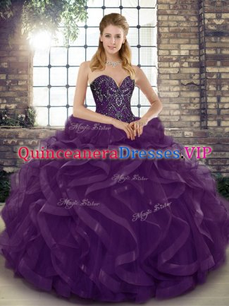 Super Sleeveless Floor Length Beading and Ruffles Lace Up Quinceanera Gown with Dark Purple