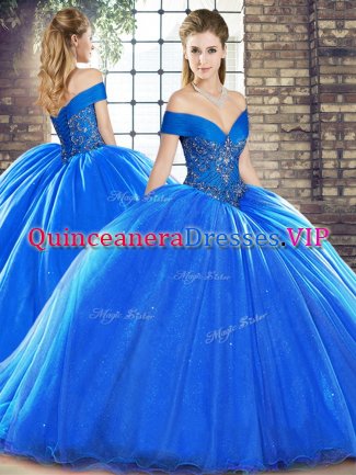 Dramatic Royal Blue Ball Gowns Off The Shoulder Sleeveless Organza Brush Train Lace Up Beading Sweet 16 Quinceanera Dress